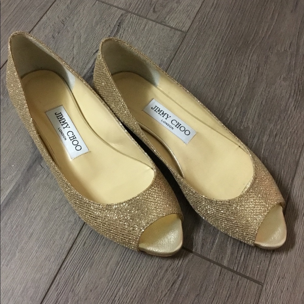 Sparkly Gold Jimmy Choo Peep Toe Flats Size 35